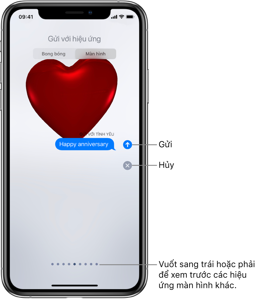 Bản xem trước tin nhắn đang hiển thị hiệu ứng toàn màn hình với những trái tim màu đỏ.