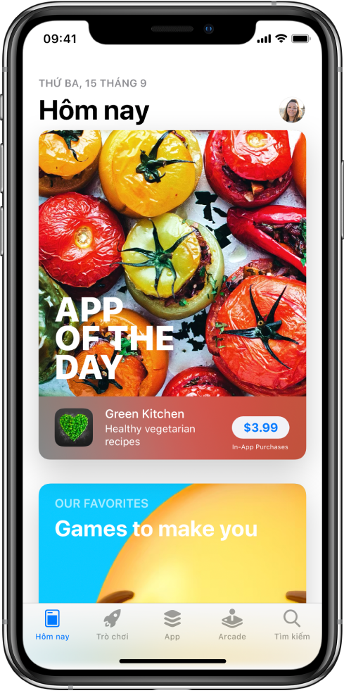 Màn hình Hôm nay của App Store đang hiển thị một ứng dụng nổi bật. Ảnh hồ sơ mà bạn chạm vào để xem các mục mua và quản lý các đăng ký, nằm ở trên cùng bên phải. Ở cạnh dưới, từ trái sang phải, là các tab Hôm nay, Trò chơi, App, Arcade và Tìm kiếm.