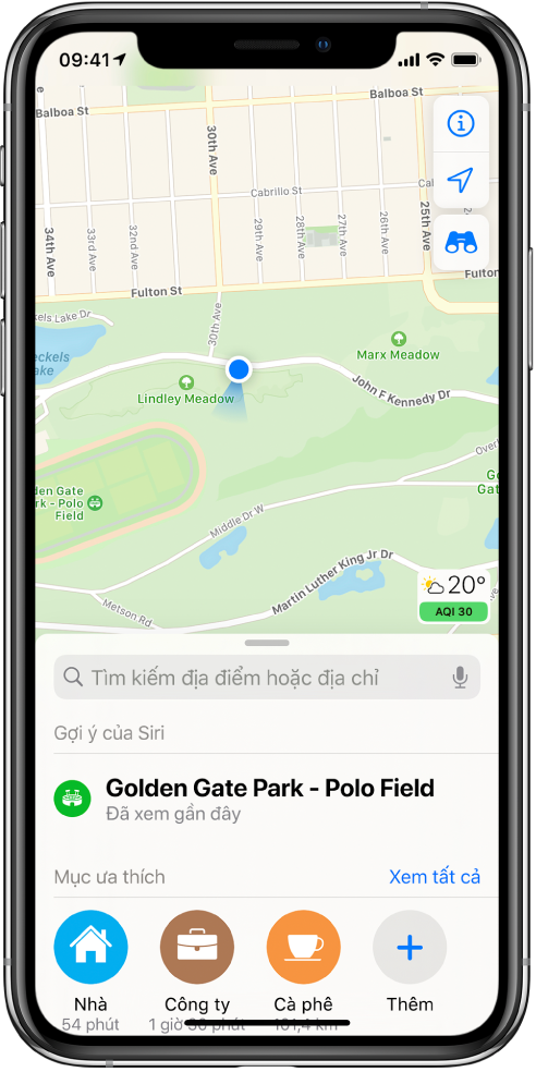 Một bản đồ công viên và ba mục ưa thích được hiển thị ở cuối màn hình. Các mục ưa thích là Nhà, Công ty và Quán cà phê.