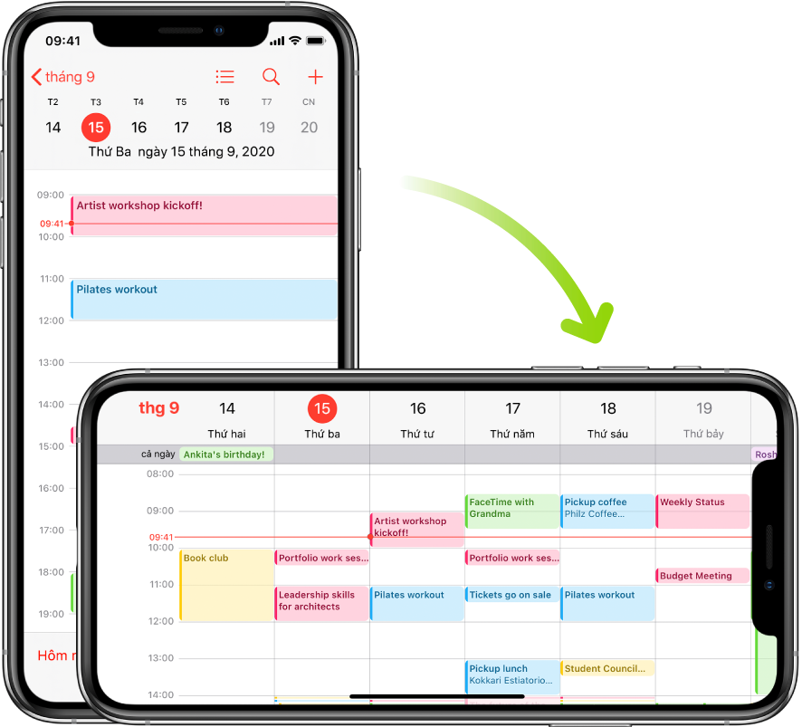 Trong nền, iPhone hiển thị màn hình Lịch, đang hiển thị các sự kiện của một ngày hướng dọc; trong nền trước, iPhone được xoay sang hướng ngang, hiển thị các sự kiện trên Lịch cho cả tuần có cùng ngày.