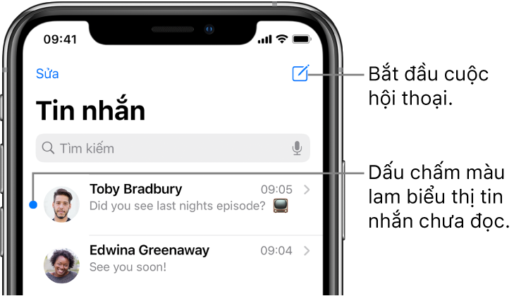 Danh sách Tin nhắn, với nút Sửa ở trên cùng bên trái và nút Soạn ở trên cùng bên phải. Một dấu chấm màu lam ở bên trái của tin nhắn cho biết rằng tin nhắn chưa được đọc.
