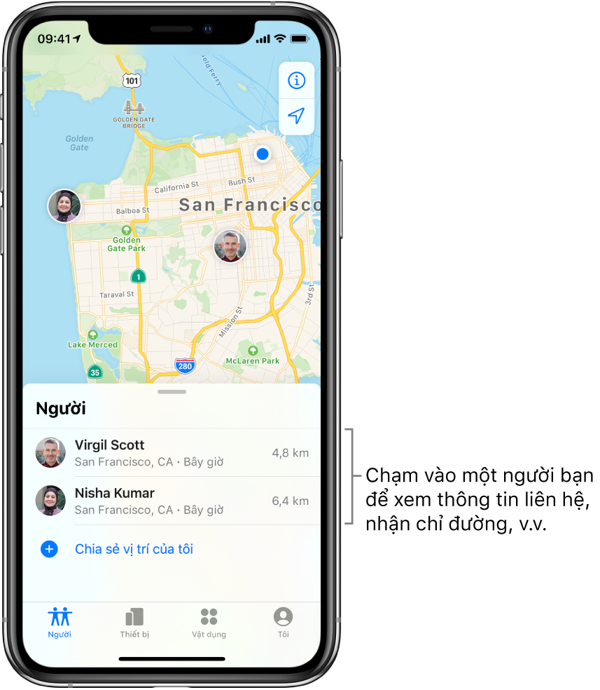Màn hình Tìm mở đến tab Người. Có hai người bạn trong danh sách Người: Virgil Scott và Nisha Kumar. Vị trí của chúng được hiển thị trên bản đồ San Francisco.