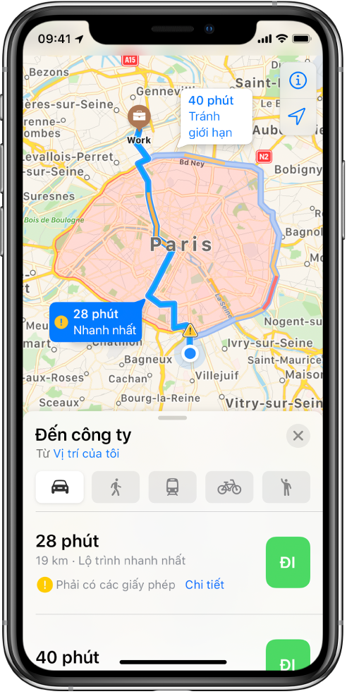 Một bản đồ đường bộ với Paris ở trung tâm đang hiển thị một lộ trình nhanh đi thẳng qua thành phố và một lộ trình chậm hơn xung quanh thành phố để tránh các giới hạn.