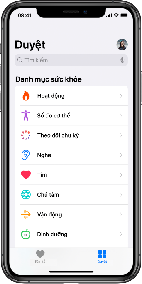Màn hình Danh mục sức khỏe trong ứng dụng Sức khỏe.