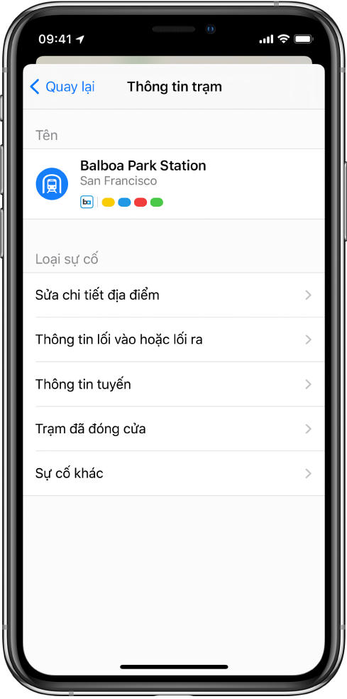 Một màn hình để báo cáo về thông tin không đúng cho một trạm phương tiện công cộng. Loại sự cố có sẵn để báo cáo là Sửa chi tiết địa điểm, Thông tin lối vào hoặc lối ra, Thông tin tuyến, Trạm đã đóng cửa và Sự cố khác.