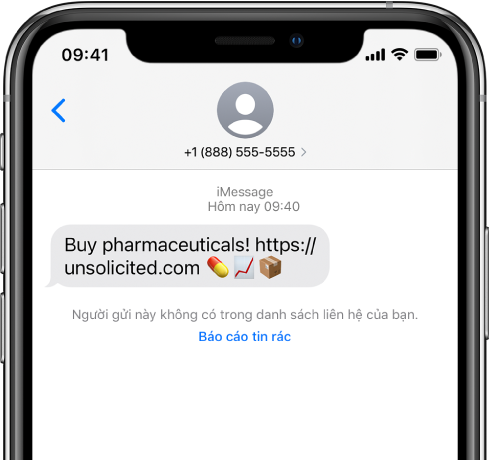 Một cuộc hội thoại iMessage với một tin nhắn spam và một liên kết Báo cáo Tin rác ở bên dưới.