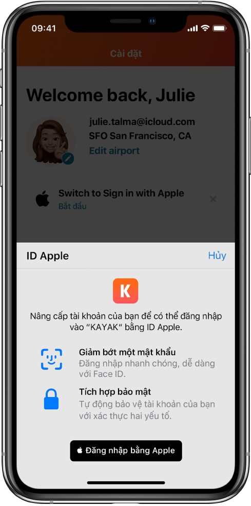 Một ứng dụng hiển thị nút Đăng nhập bằng Apple.
