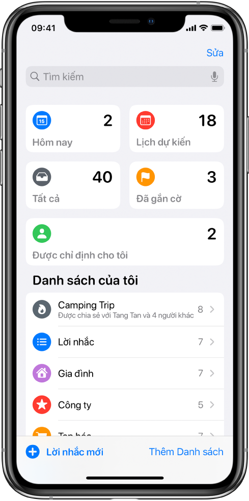 Một màn hình đang hiển thị một số danh sách trong Lời nhắc. Danh sách thông minh xuất hiện ở trên cùng cho các lời nhắc đến hạn hôm nay, lời nhắc theo lịch, tất cả lời nhắc và lời nhắc được gắn cờ. Nút Thêm danh sách ở dưới cùng bên phải.