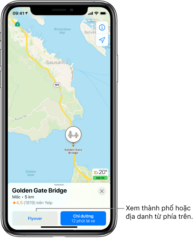 Bản đồ San Francisco. Ở cuối màn hình, một thẻ thông tin cho Cầu Cổng Vàng hiển thị một nút Flyover ở bên trái của nút Chỉ đường.