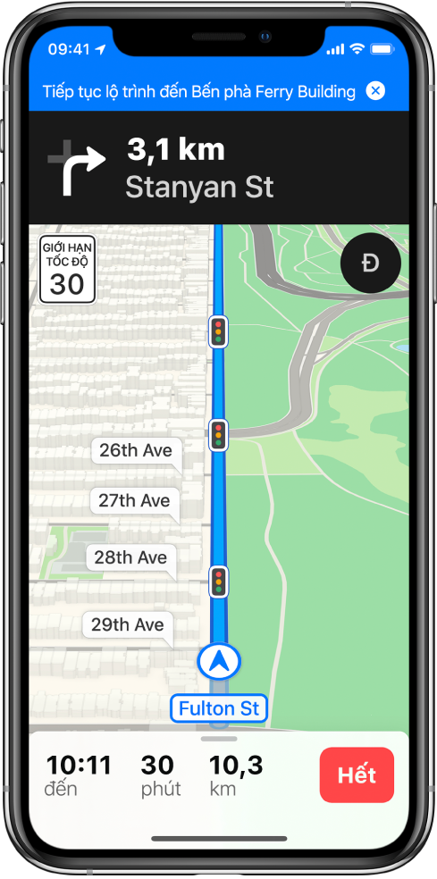 Một bản đồ chỉ đường lái xe với biểu ngữ màu lam ở đầu màn hình để tiếp tục lộ trình đến Ferry Building.