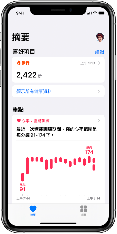 「摘要」畫面將「步數」顯示為「喜好項目」類別。在「重點」下方，畫面顯示在最近的體能訓練中的心率相關資料。