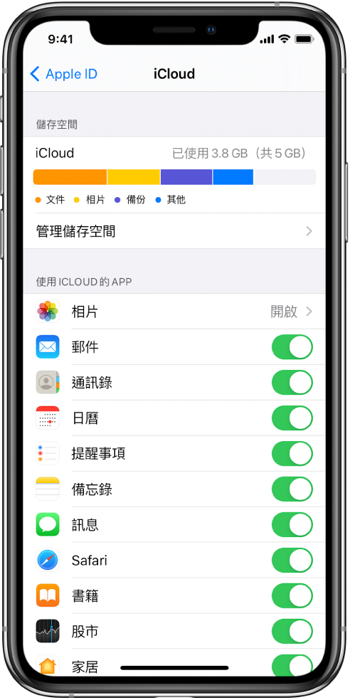 iCloud 設定畫面顯示 iCloud 儲存空間列表，以及可以配搭 iCloud 使用的 App 和功能列表，包括「郵件」、「通訊錄」、和「訊息」。