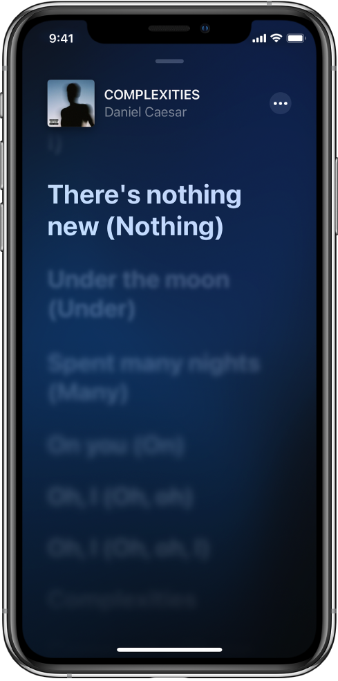 歌詞畫面的最上方顯示歌名、藝人名稱和「更多」按鈕。目前的歌詞會凸顯，而後續的歌詞會變暗。
