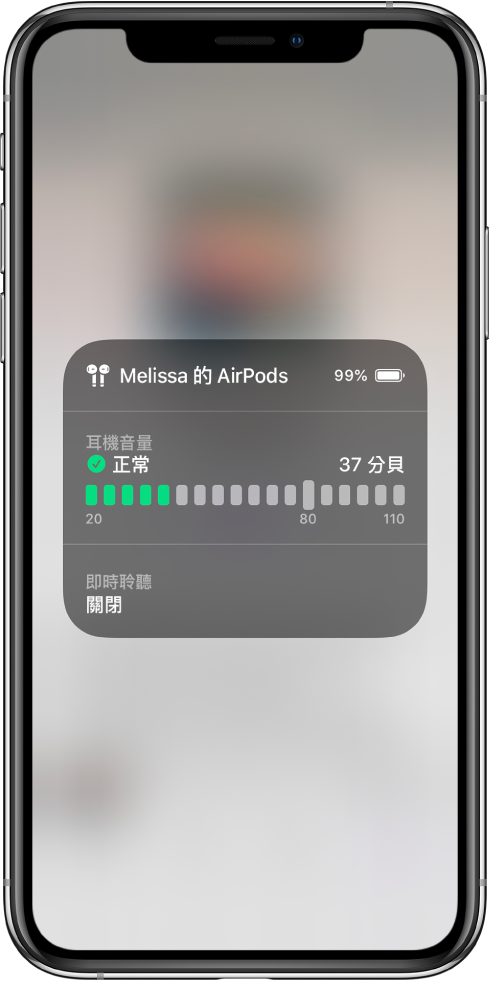 覆蓋螢幕的卡片。卡片顯示一對 AirPods 的耳機音量圖。圖表顯示 37 分貝，並標記為「好」。圖下方顯示「即時聆聽」已關閉。