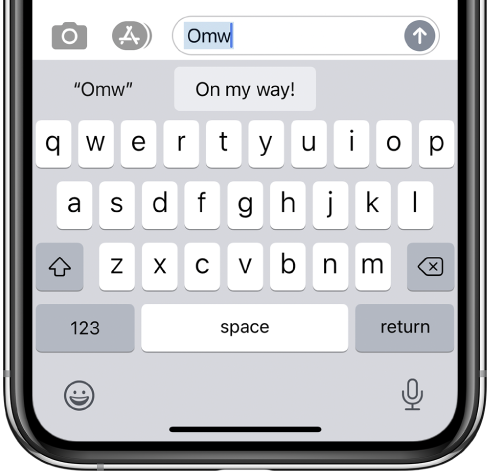 訊息上輸入文字輸入碼 OMY 並在下方顯示字詞「On my way!」建議作為替代文字。
