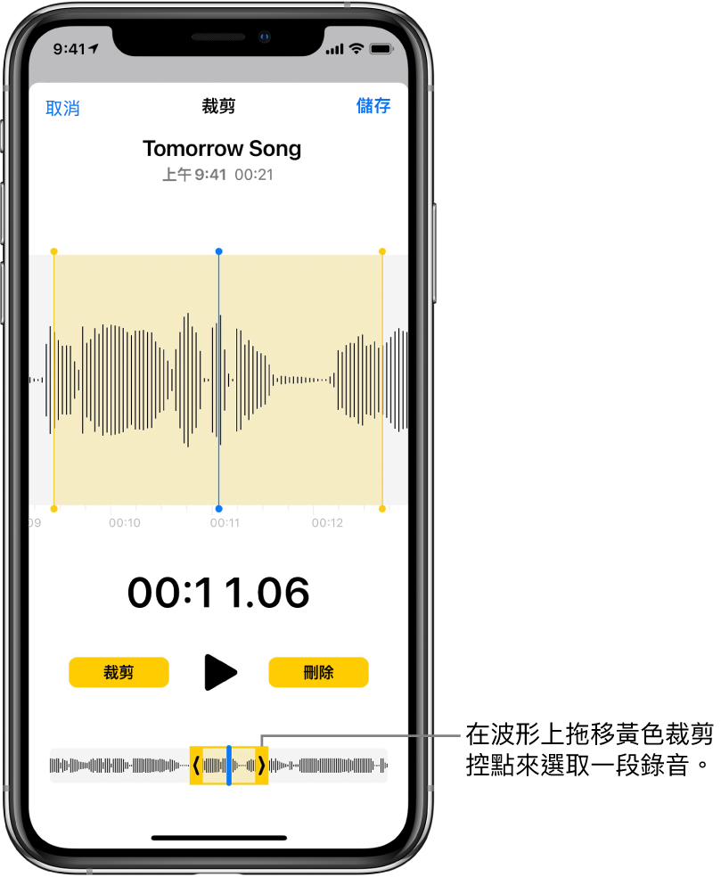 使用裁剪控點裁剪過的錄音，框住螢幕底部一部分的音訊波形。「播放」按鈕和錄音計時器顯示在波形上方。裁剪控點在「播放」按鈕下方。用於刪除控點之外的錄音部分的「裁剪」按鈕和用於刪除控點之內的錄音部分「刪除」按鈕位於「播放」按鈕的兩側。