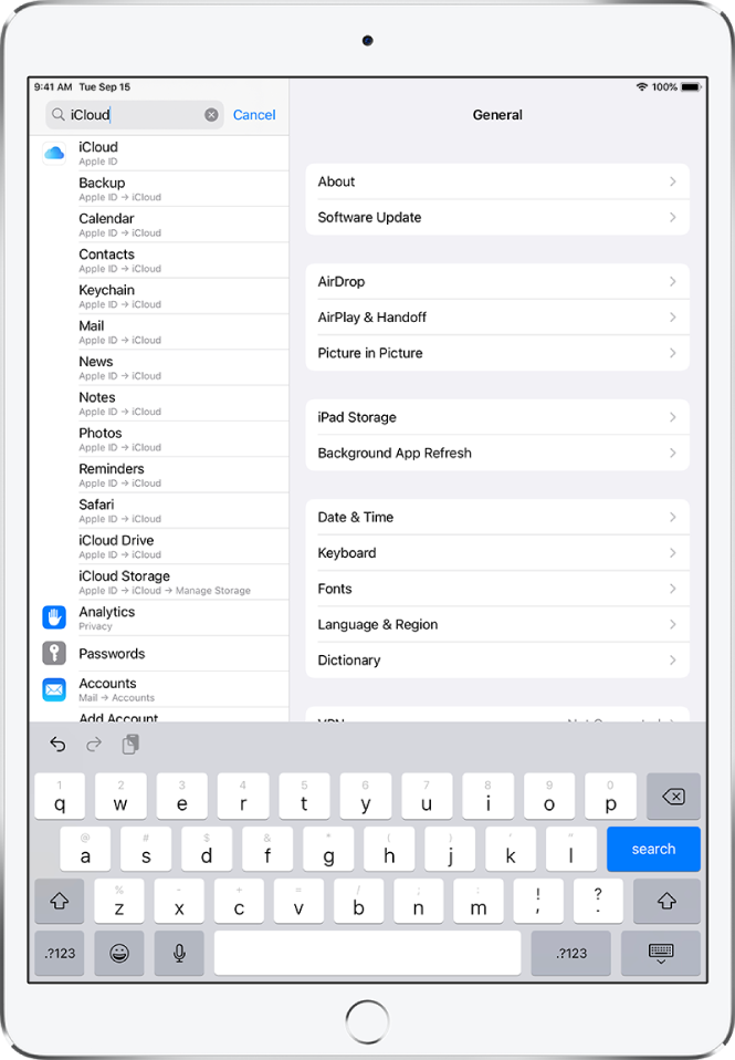 The search settings screen, with the search field at the top. The search term “iCloud” is in the search field, and the found settings are in the list below.