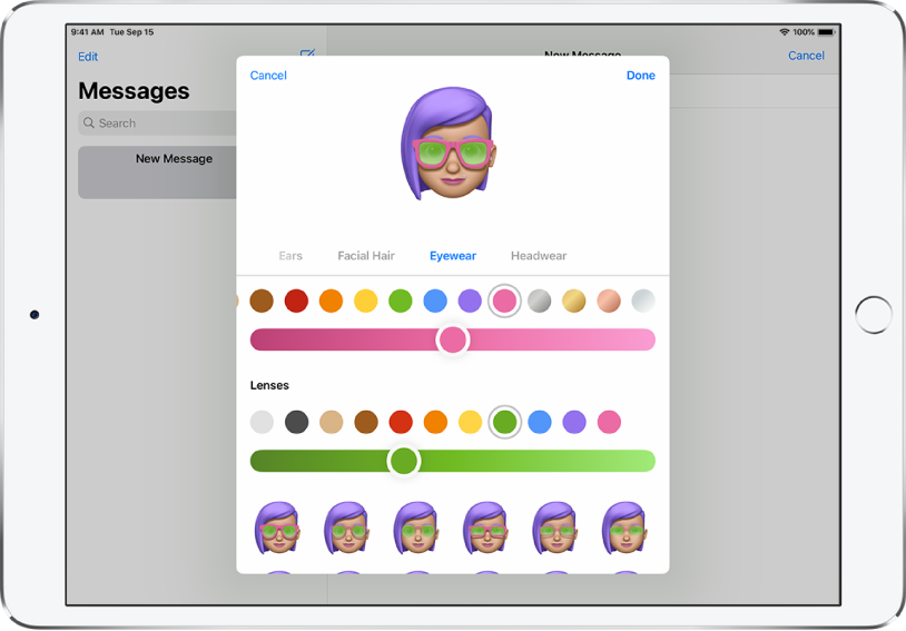 The create a Memoji screen in the Messages app, where you can choose eyewear.