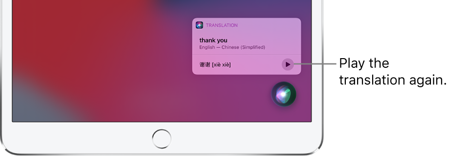 Siri displays a translation of the English phrase “thank you” into Mandarin. A button to the right of the translation replays audio of the translation.