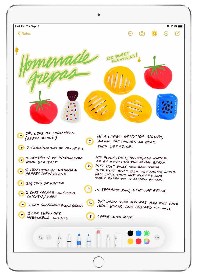 A drawing and handwritten recipe in a note in the Notes app. The title of the recipe at the top of the screen is selected. At the bottom of the screen, the toolbar shows the color chosen to modify the selected handwriting.