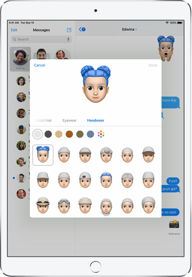 The create Memoji screen, showing the character being created at the top, features to customize below the character, then below that, options for the selected feature. The Done button is at the top right and the Cancel button is at the top left.