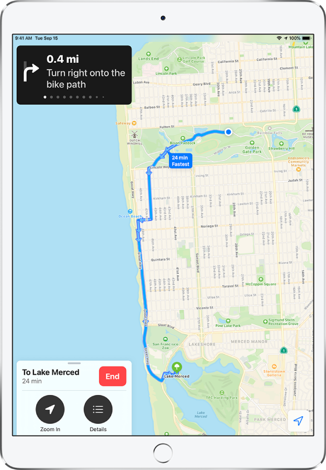 An overview map showing cycling directions between two parks in San Francisco.