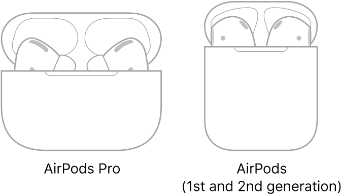 On the left, an illustration of AirPods Pro in their case. On the right, an illustration of AirPods (2nd generation) in their case.