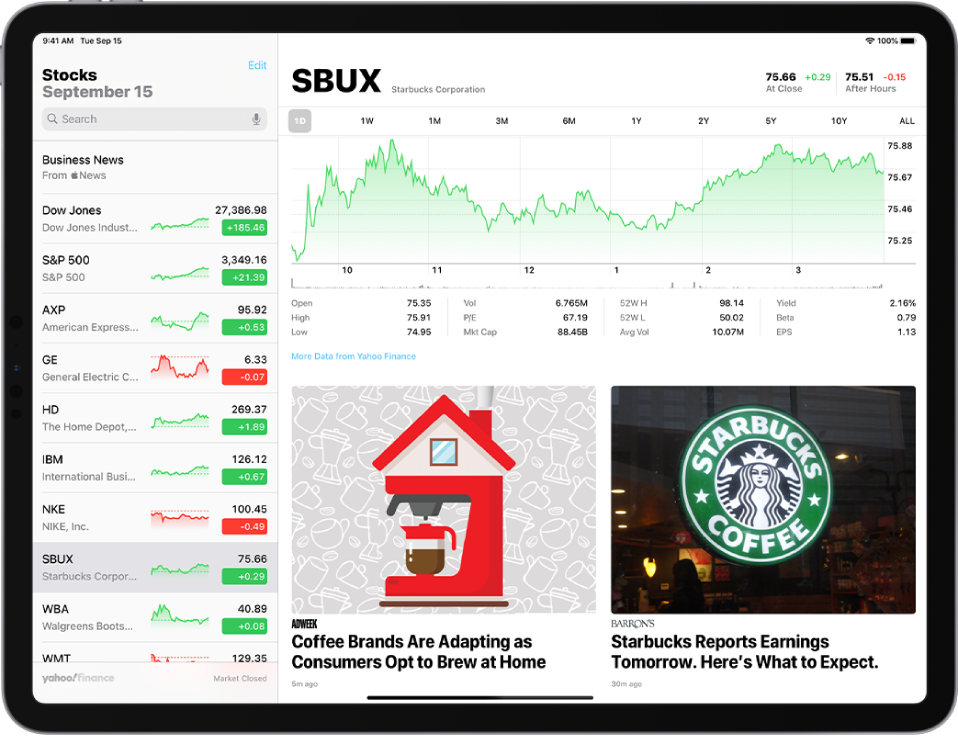 The Stocks screen in landscape orientation. The search field is in the top-left corner. Below the search field is the watchlist. A stock in the watchlist is selected. In the middle of the screen a chart shows the performance of the selected stock over the course of one year. Above the chart are buttons to display the stock performance by one day, one week, one month, three months, six months, one year, two years, five years, or ten years. Below the chart are stock details such as opening price, high, low, and market cap. Below the chart details are Apple News articles related to stock.