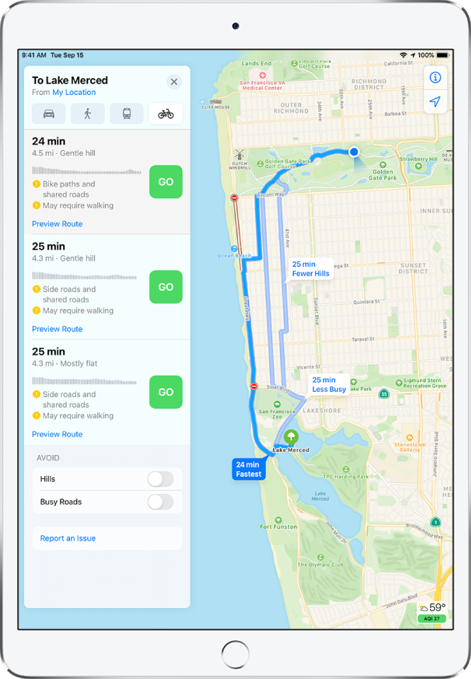 A map showing multiple cycling routes. The route card on the left provides details for each route, including estimated times, elevation changes, and the types of roads. A Go button appears next to each choice on the route card.