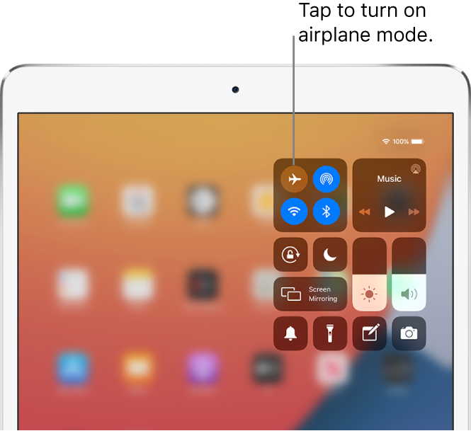 The Control Center screen showing that tapping the top-left button turns on airplane mode.