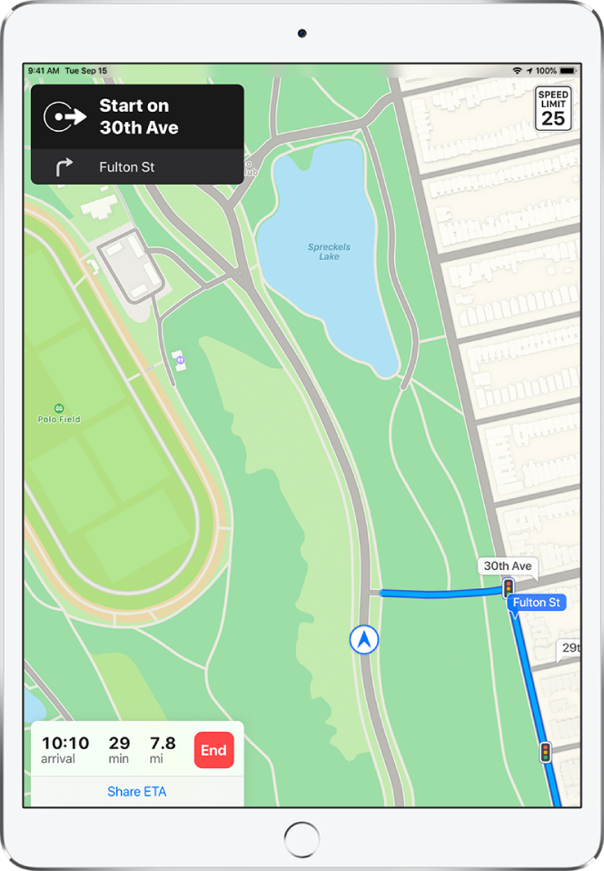 A map showing a driving route, including a direction to take a right turn on Fulton Street. At the bottom of the map, the arrival time, travel time, and total mileage appear to the left of the End button and above Share ETA.