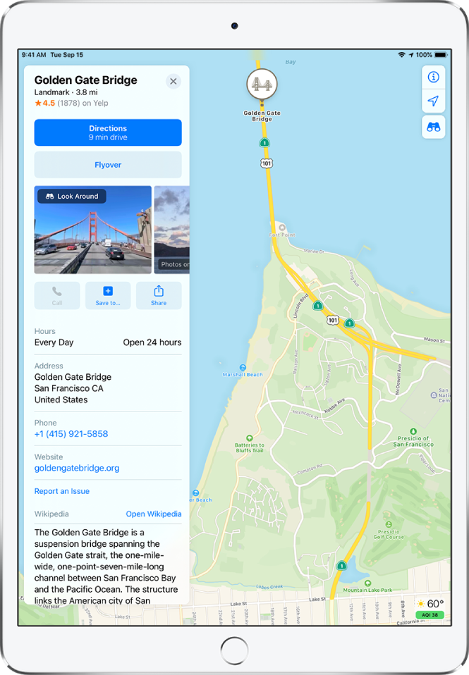 A map showing the location of Golden Gate Bridge. The information card on the left side of the screen includes buttons for getting directions, taking a Flyover tour, and making a telephone call. The information card also lists information like open hours, an address, and a website.