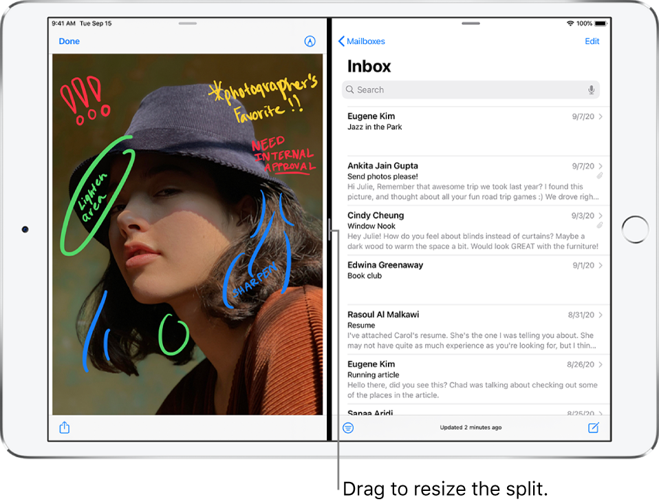 A graphics app is open on the left side of the screen, and Mail is open in the right side. A callout for the dark line between them reads “Drag to resize the split.”