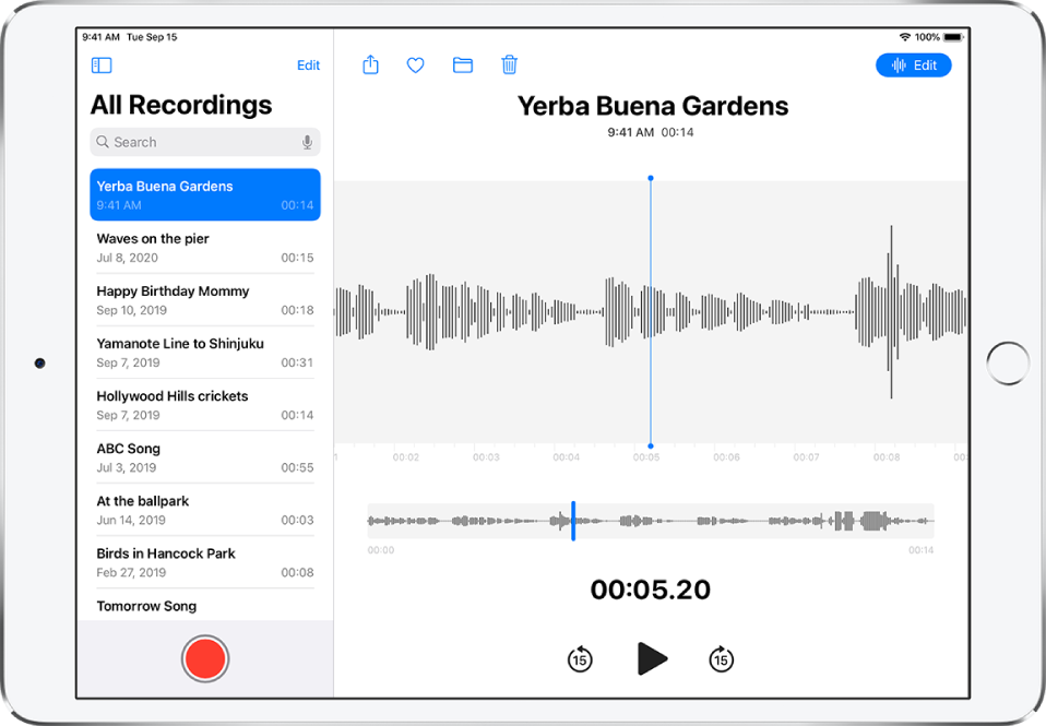 The Voice Memos list with a selected recording at the top. It has a playhead, which you can drag to go to a specific place in the recording, and a timeline below the waveform. Above are the Share, Delete, Edit, and Trim buttons. Below the timeline are buttons to skip back 15 seconds, play, and skip forward 15 seconds. At the left is a list of more recordings that can be opened with a tap.
