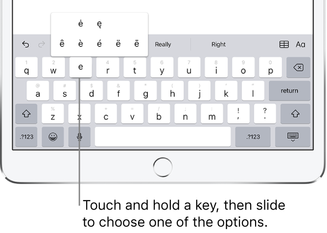 Screen showing alternate accented characters for the e key.