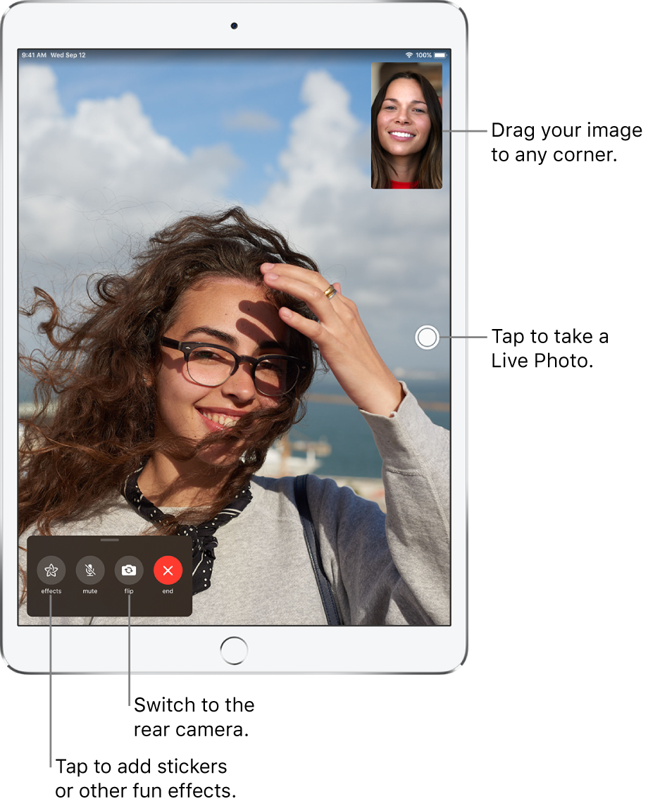 The FaceTime screen showing a call in progress. Your image appears in a small rectangle in the upper right, and the image of the other person fills the rest of the screen. Across the bottom of the screen are the Effects, Mute, Flip, and End buttons.