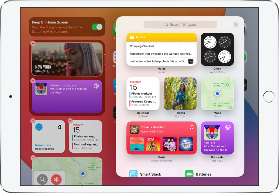 The widget gallery on iPad showing widgets including the Notes, Clock, Calendar, Photos, Maps, Music, and Podcasts widgets.