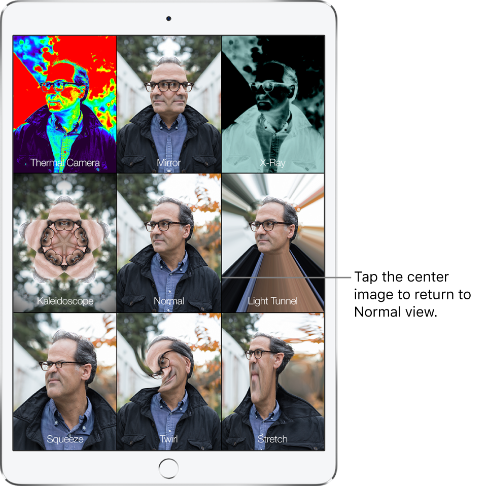 A Photo Booth screen showing nine views of a man’s face with different effects in separate tiles. In the top row, left to right, are the Thermal Camera, Mirror, and X-Ray effects. In the middle row, left to right, are the Kaleidoscope, Normal, and Light Tunnel effects. In the bottom row, left to right, are the Squeeze, Twirl, and Stretch effects.