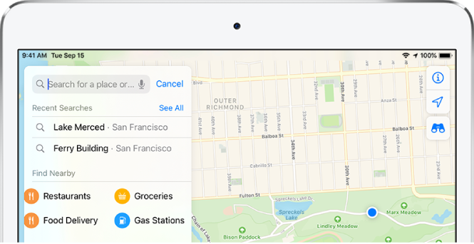 Categories for four nearby services appear on the search card on the left side of the screen. The categories are Restaurants, Groceries, Food Delivery, and Gas Stations.