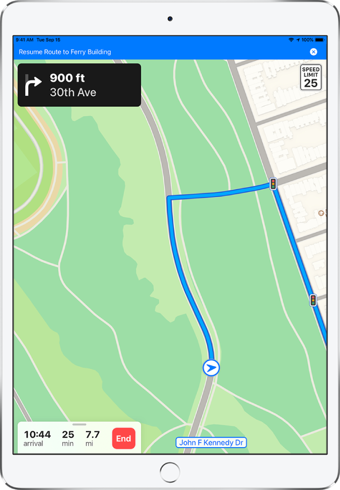 A map of driving directions with a blue banner at the top of the screen for resuming a route to Ferry Building.