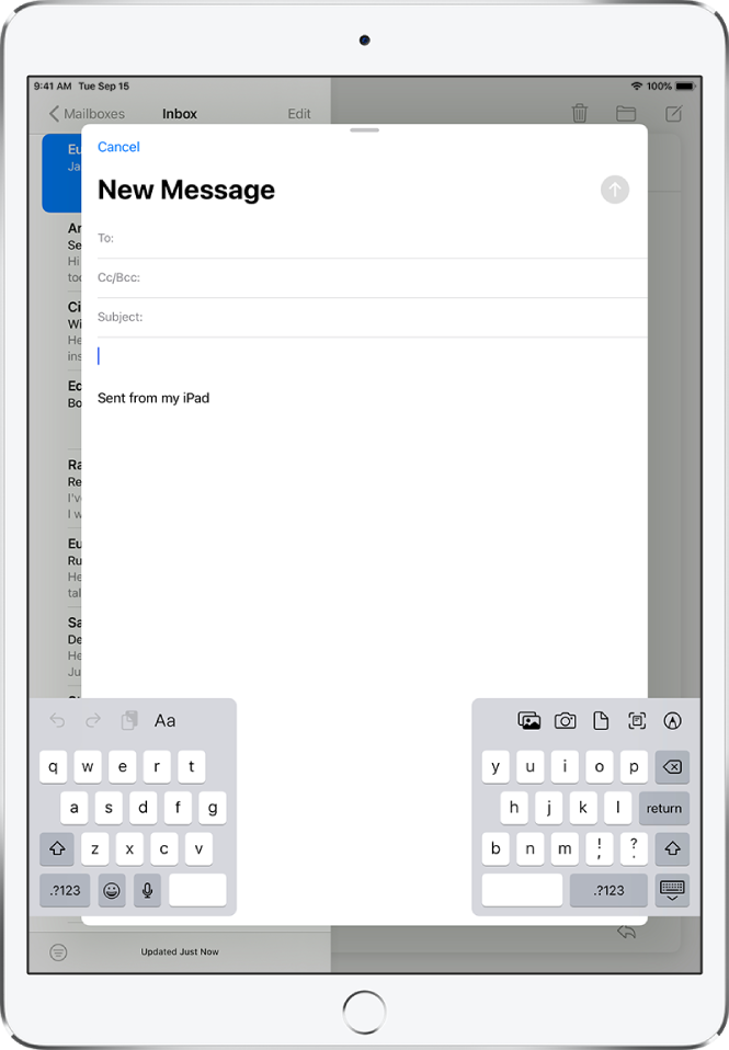 A new email message being composed with the keyboard split and undocked at the bottom of the iPad screen.