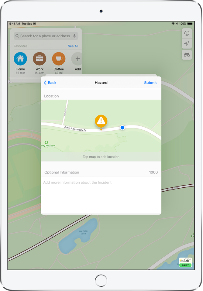 A report of a road hazard with the Submit button at the top right.