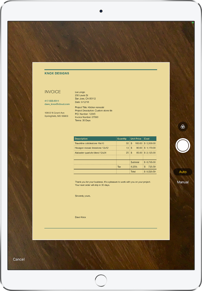 A screen showing a document being scanned. The Take Picture button is at the middle of the right edge.