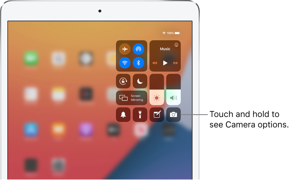 Controls for airplane mode, cellular data, Wi-Fi, and Bluetooth in the top-left group in Control Center for Wi-Fi + Cellular iPad models. A callout to the Camera control says to touch and hold the Camera icon (at the bottom right) to see more Camera options.