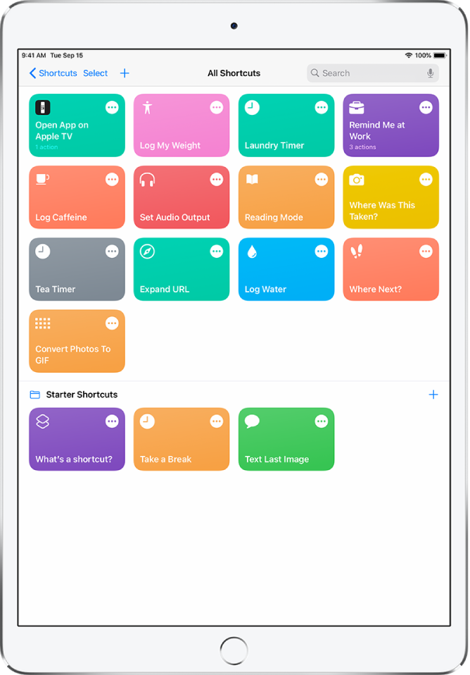 The My Shortcuts tab. At the top is a search field. Below that are shortcuts to complete common everyday tasks such as making a PDF, sharing your location, and setting a laundry timer. At the bottom are the Automation and Gallery tabs.