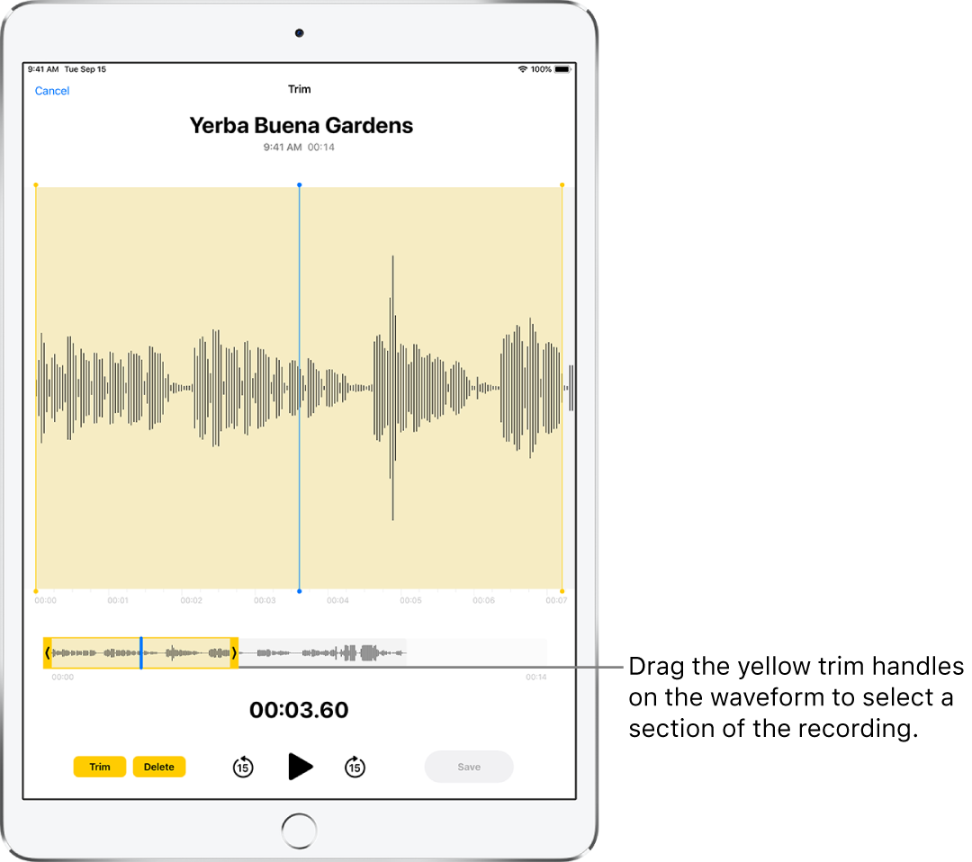 A recording is being trimmed, with the yellow trim handles enclosing a portion of the audio waveform at the bottom of the screen. A Play button and a recording timer appear below the waveform and trim handles.