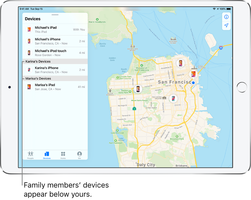 The Find My app open to the Devices tab. Michael’s devices are at the top of the list. Below are Karina’s iPhone and Marisa’s iPad. Their locations are shown on a map of San Francisco.