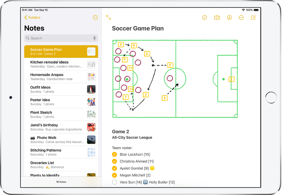 iPad in landscape orientation with the Notes app open. The notes list appears on the left, with the selected note open on the right. In the upper-left corner of the notes list is a back arrow you tap to view folders and accounts. In the upper-right corner of the note are buttons to collaborate on the note with others, delete the note, share the note with others, and create a new note. In the bottom-right corner of the note are buttons to add a checklist, add a photo or scan a document, and show handwriting tools.