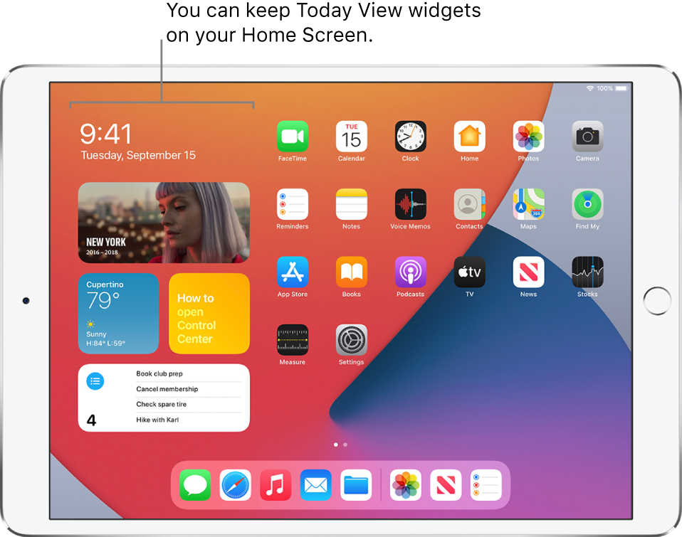 The Home Screen with Today View widgets—including the Photos, Weather, Tips, and Reminders widgets—pinned on the Home Screen next to the app icons.