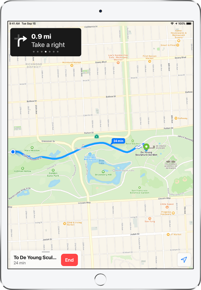 A map showing a walking route. At the top of the screen, a banner indicates when to take a right turn. The End button appears at the bottom of the screen.